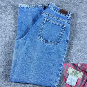 LL Bean Double L Relaxed Fit Flannel‎ Lined Jeans Blue Plaid Women size 12 MT